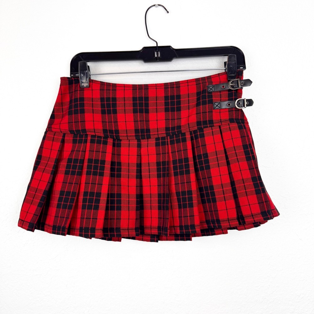 Abbey Dawn Avril Lavigne Red Plaid Pleated Mini Skirt Buckle Punk Goth Size 5